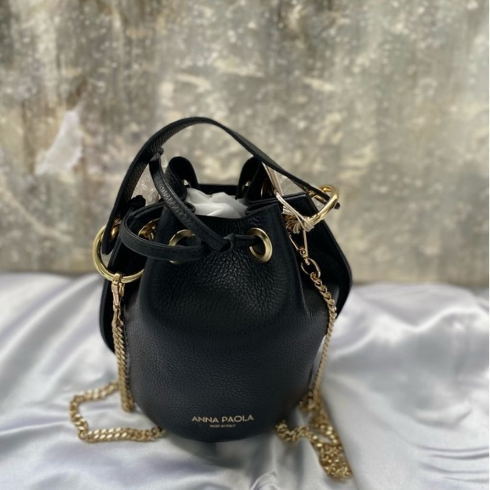 ANNA PAOLA Made In Italy Leather Crossbody Black Bucket Bag